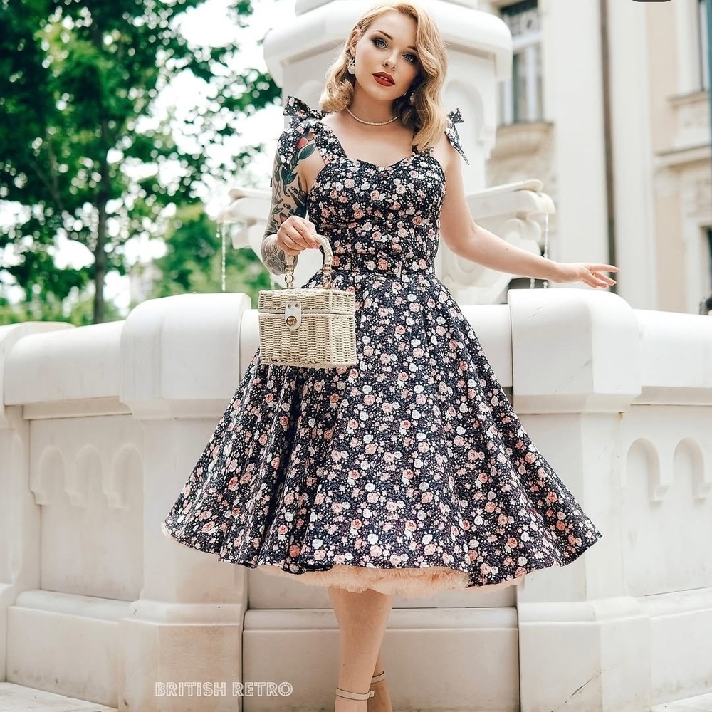 British Retro Floral Midi Dress